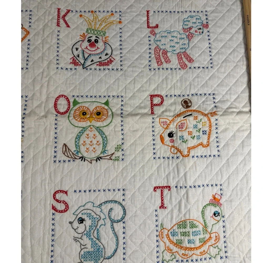 Vintage Bucilla Alphabet Quilted Crib Cover and Bibs Set Hand Embroidered 70s